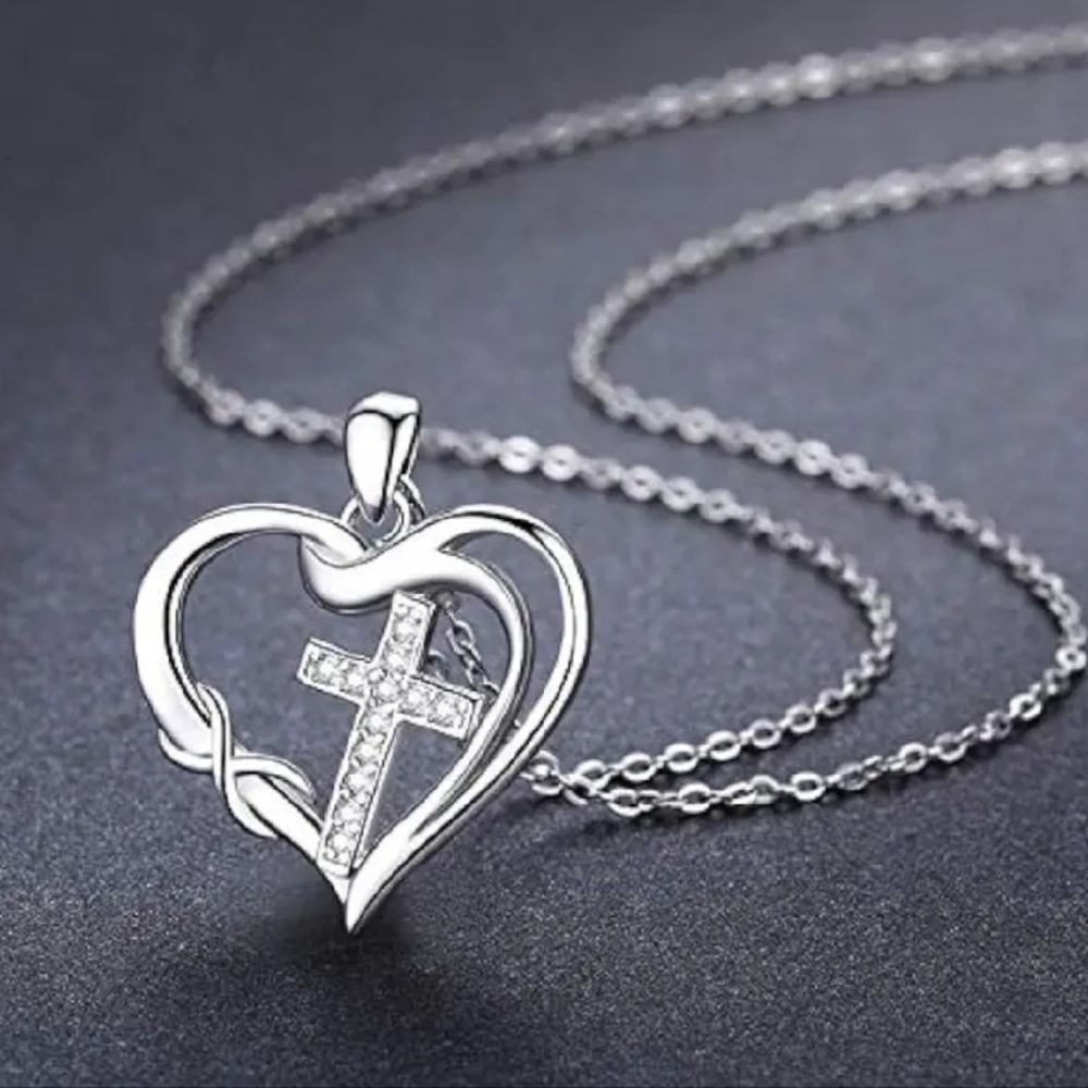 Elegant Silver Heart Necklace with Cross Pendant